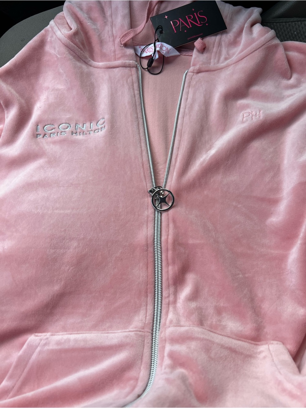 Paris Hilton Blush Pink Velour Zip Hoodie with Star Pull